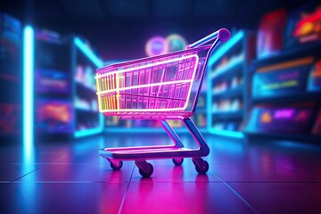 Shopping cart with neon colorful  can be viewed in modern stores with copy space