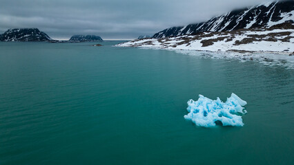 A blue iceberg is floating in a calm water of a bay in the coastline of Svalbard islands.