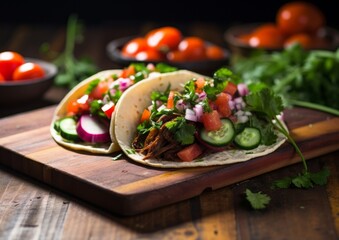 Fototapeta na wymiar gourmet Beef Brisket Tacos garnished with fresh veggies on a rustic wooden table