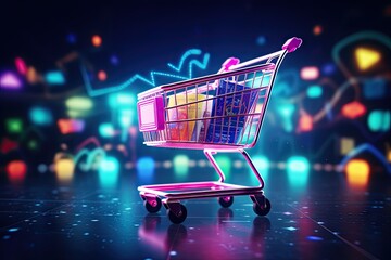 Shopping cart with neon colorful  can be viewed in modern stores with copy space