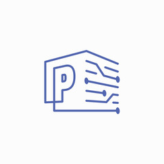 Fototapeta premium P Letter Tech Electric Circuit cube block Logo Outline Vector Icon Illustration