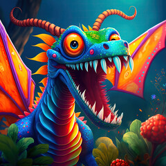 Colourful bright dragon with open mouth made with AI