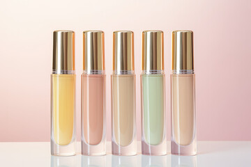 Clean bottles of lip gloss in a pastel color palette. Mockup for branding, liquid lipstick isolated on light flat background with copy space. 3d render illustration style.