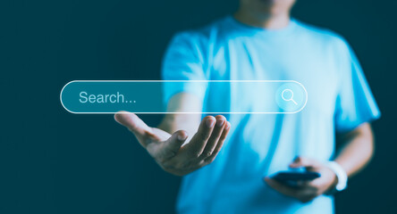 Digital Navigator, Man Holding Virtual Screen for Website SEO and Online Exploration