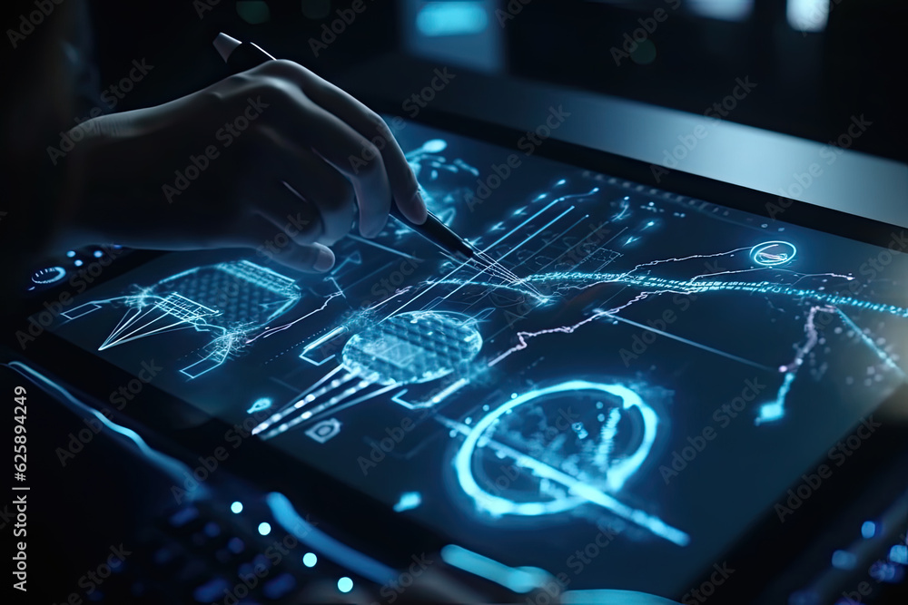 Poster human hand with pen pointing at abstract creative futuristic interface hud design technologies on sc