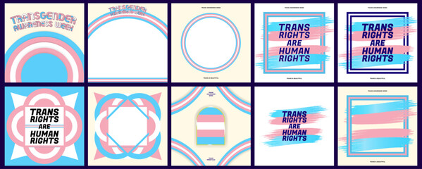 Set of Transgender Awareness Week Greeting Cards, Social Media post template, and motivational artworks. Trans rights are human rights. Trans pride colors. Editable Vector Illustration. - obrazy, fototapety, plakaty