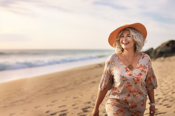 AI generated image of plus size mature woman on the beach - Powered by Adobe