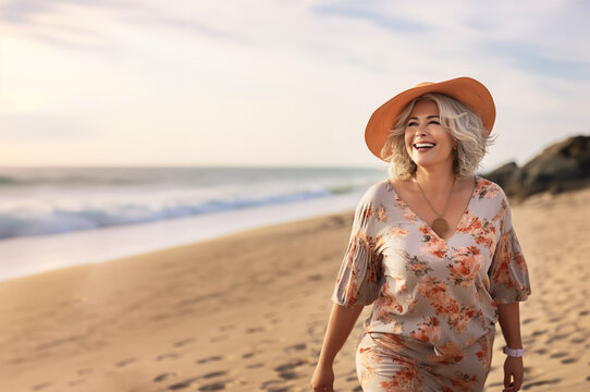 AI generated image of plus size mature woman on the beach