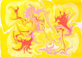 Fabulous fluffy scarlet flowers and pink leaves in a bright wavy yellow-white cloud. Gentle background with marble texture. Festive wallpaper with floral ornament. A lush red bouquet of exotic foliage