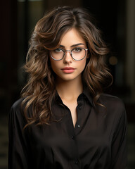 Portrait of a beautiful young businesswoman with long curly red hair wearing glasses.