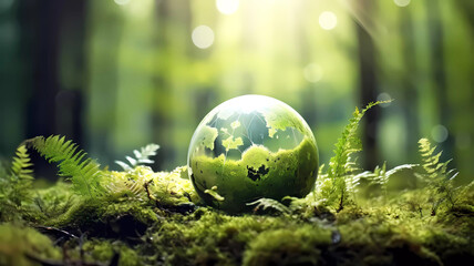 Obraz na płótnie Canvas Globe on moss in the forest background. Generative ai design.