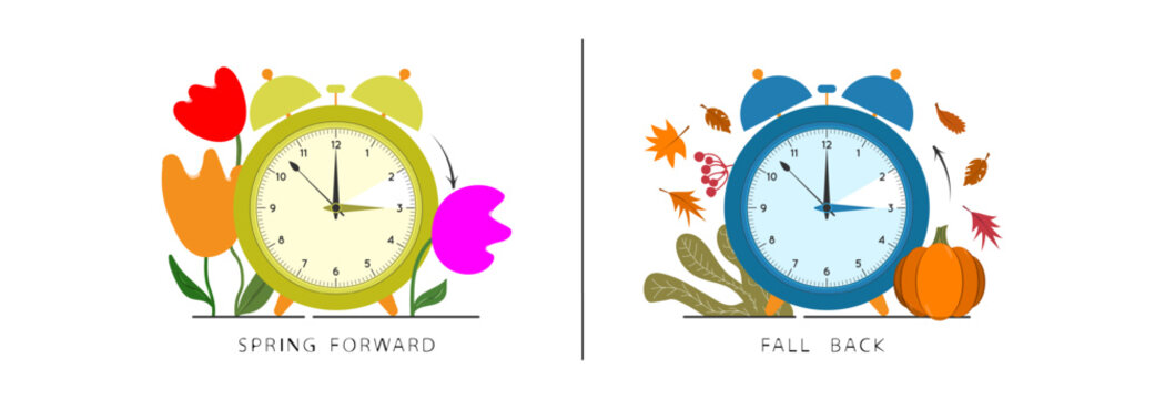 The clock on the background of different seasons. The hand of the clocks turning to winter or summer time.