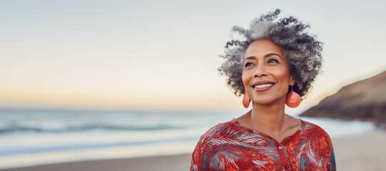 Ai generated image of black mature female on the beach - 625896616