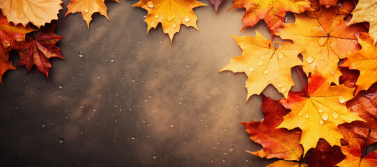 Autumn composition of frame made of autumn dried leaves on brown background. Flat lay, top view, copy space.