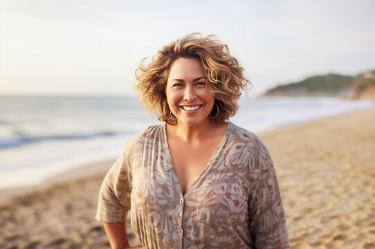 AI generated image of plus size mature woman on the beach