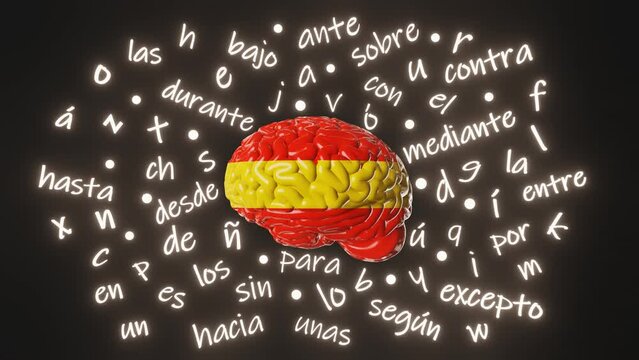 Spanish Learning Foreign language Human brain Spain flag color Letters articles word preposition vocabulary grammar 3d animation. Studying Online course education Listening Reading Fluency improvement