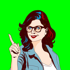 Pop style illustration of young hipster woman with glasses and pointing finger
