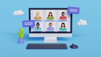 Online Meeting, Virtual Conference Video call, Briefing, Teamwork Concept. 3d realistic illustration on blue background