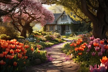 Fototapeta na wymiar Idyllic Countryside Cottage Surrounded by Blooming Gardens, Generative AI