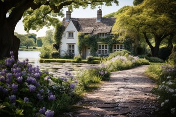 Fototapeta na wymiar Idyllic Countryside Cottage Surrounded by Blooming Gardens, Generative AI