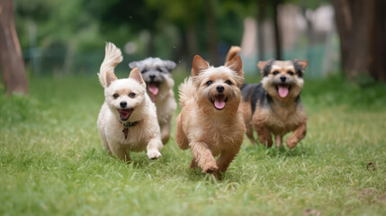 Naklejka na ściany i meble Group of small dogs running over a green short cutted meadow in a park. Generative AI.