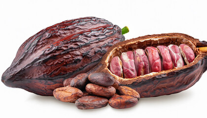 Fresh Dark red cocoa pods with half sliced and beans isolated on white background.