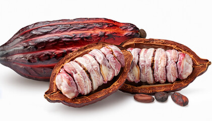 Fresh Dark red cocoa pods with half sliced and beans isolated on white background.