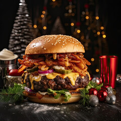 huge festive burger sandwich on the festive table with christmas tree and lights in the background.