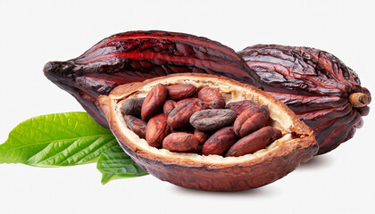 Fresh Dark red cocoa pods with half sliced and beans isolated on white background.