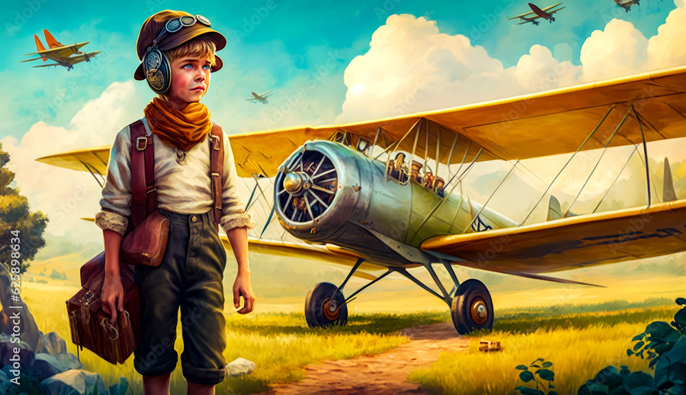Poster painting of boy standing in front of airplane with pilot's helmet on. generative ai