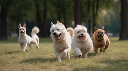 Group of small dogs running over a green meadow in a park. Generative AI.