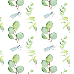 Seamless pattern green leaves trees and dragonfly foliage of natural branches, green leaves, herbs, tropical plants hand drawn watercolor on white background.