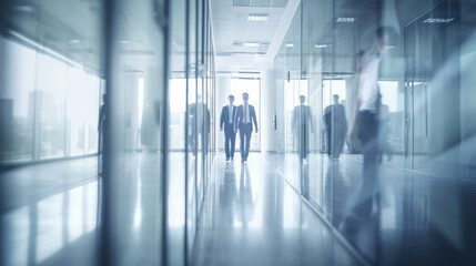 Fototapeta na wymiar Businesspeople walking along a hall in an office building. Generative AI.