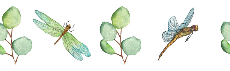 Seamless pattern green leaves trees and dragonfly, foliage of natural branches, green leaves, herbs, tropical plants hand drawn watercolor on white background.