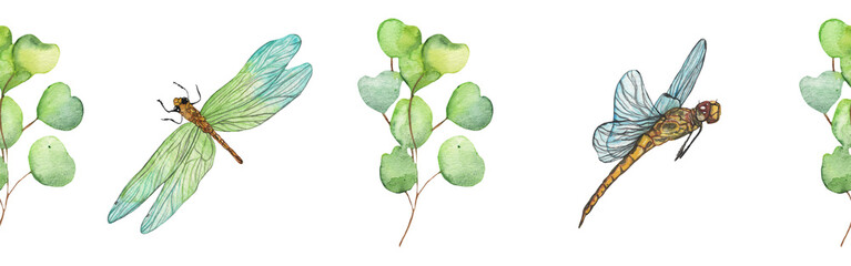 Seamless pattern green leaves trees and dragonfly, foliage of natural branches, green leaves, herbs, tropical plants hand drawn watercolor on white background.