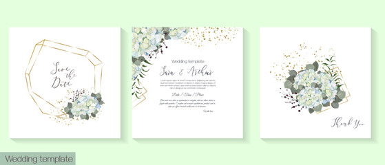 Vector set of floral invitations for a celebration. White blue hydrangea, golden elements, eucalyptus, plants and berries. Vector illustration