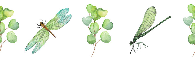 Seamless pattern green leaves trees and dragonfly, foliage of natural branches, green leaves, herbs, tropical plants hand drawn watercolor on white background.