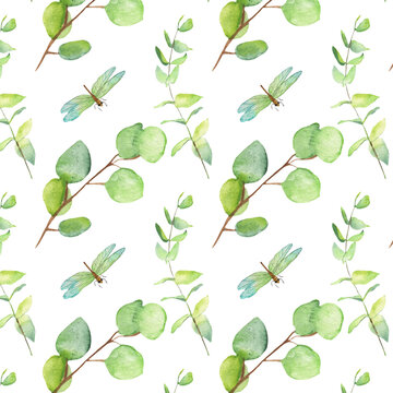 Seamless pattern green leaves trees and dragonfly, foliage of natural branches, green leaves, herbs, tropical plants hand drawn watercolor on white background.