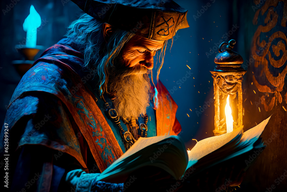 Aufkleber wizard reading book in front of lamp in dark room. generative ai