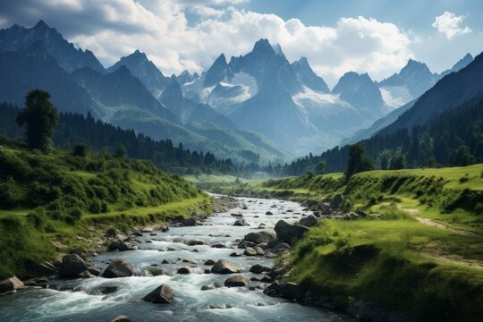 Lush Green Valley Surrounded by Towering Peaks, Generative AI © Giantdesign
