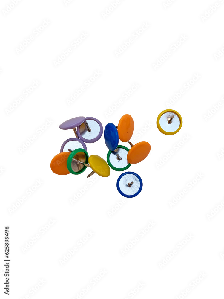 Fototapete 3d rendering of push pins. a set of colored pushpins on a white background with a place to insert te