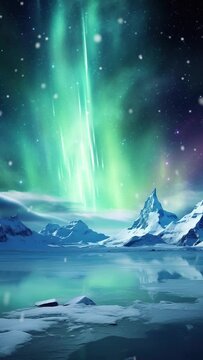 Vertical video of aurora borealis over a snow mountain