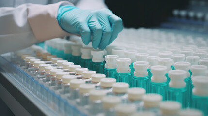 Close up of hands of a worker in a laboratory working with medicine bottles. Generative AI.