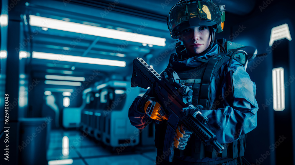 Aufkleber man in helmet holding gun in sci - fi setting. generative ai