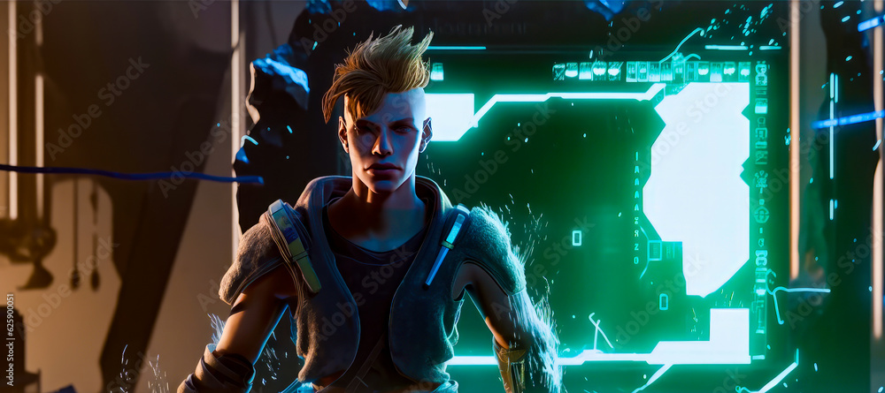 Aufkleber man standing in front of green and blue background in video game. generative ai