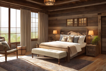 Cozy bedroom in a wooden chalet.