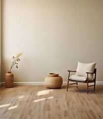 Mockup of a home, showcasing a living room interior with natural wooden furniture, 3D render. Made with Generative AI technology