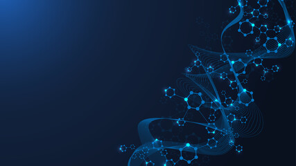 Modern science background with lines, dots and hexagons. Wave flow abstract background. Molecular structure for medical, technology, chemistry, science. illustration