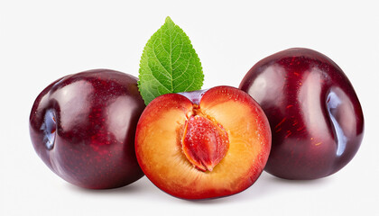 Juicy red Plum fruits with cut in half and green leaf isolated on white background.