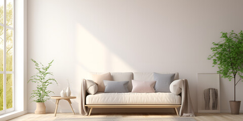 Living room wall mockup in bright tones with have sofa and plant with white wall background.3d rendering